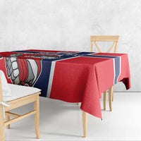 Red hockey tablecloth with navy-and-white border stripes and polar bear goalie image