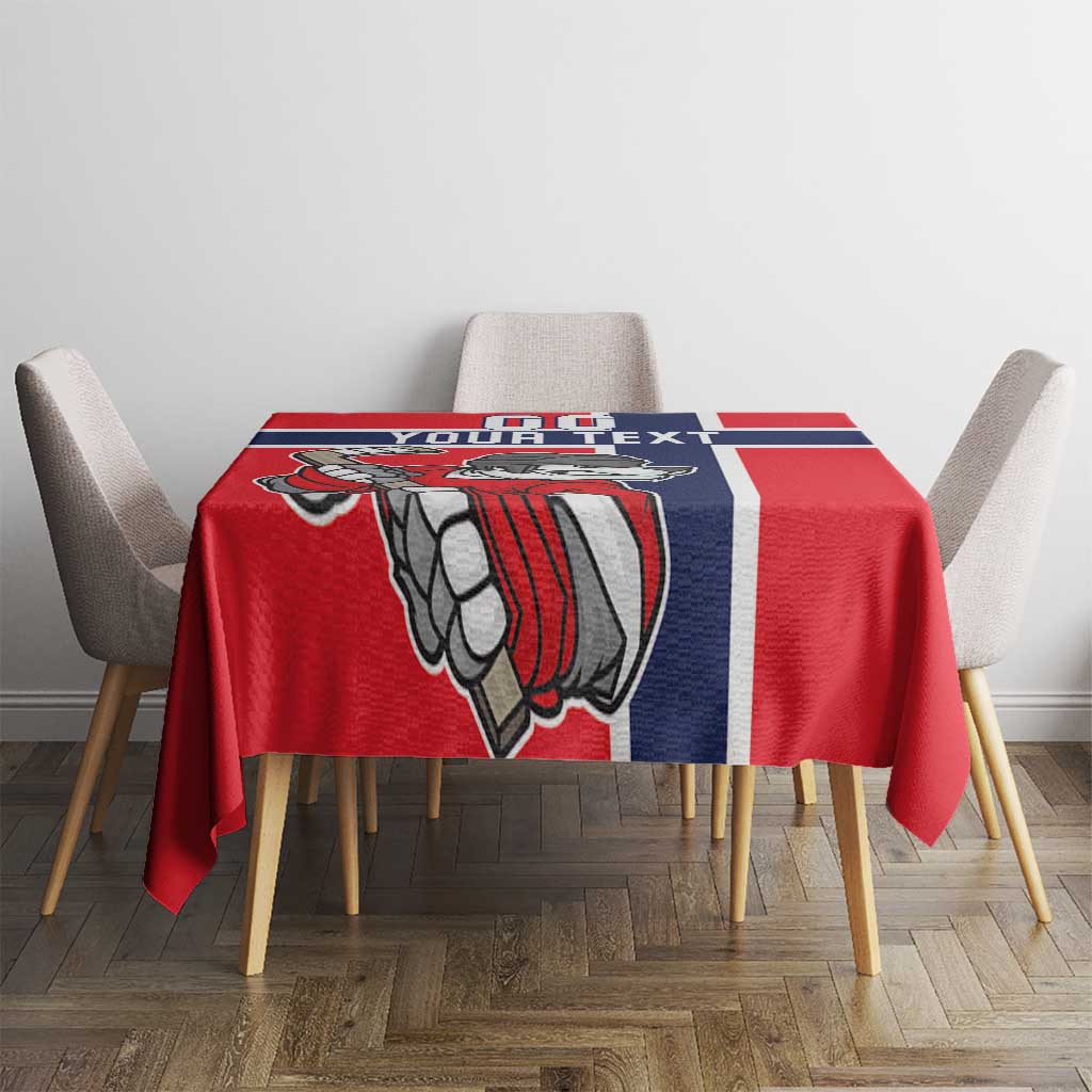 Red hockey tablecloth with navy top panel, white stripe border, and polar bear goalie graphic
