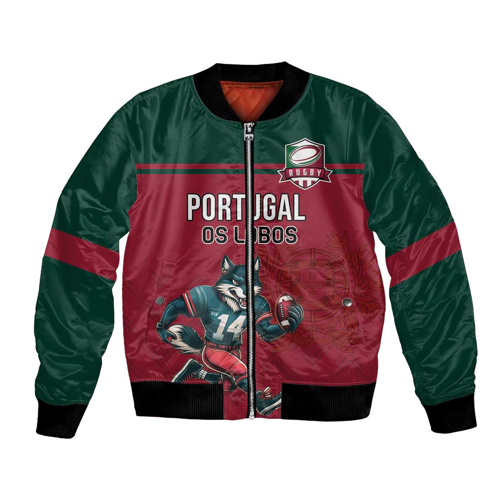 Custom Portugal Rugby Bomber Jacket Go Os Lobos Wolves Mascot