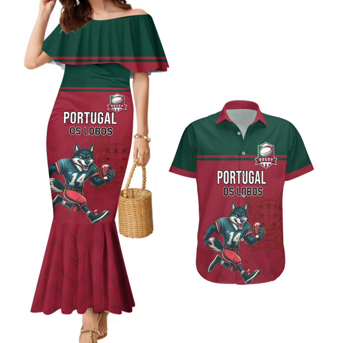 Custom Portugal Rugby Couples Matching Mermaid Dress and Hawaiian Shirt Go Os Lobos Wolves Mascot