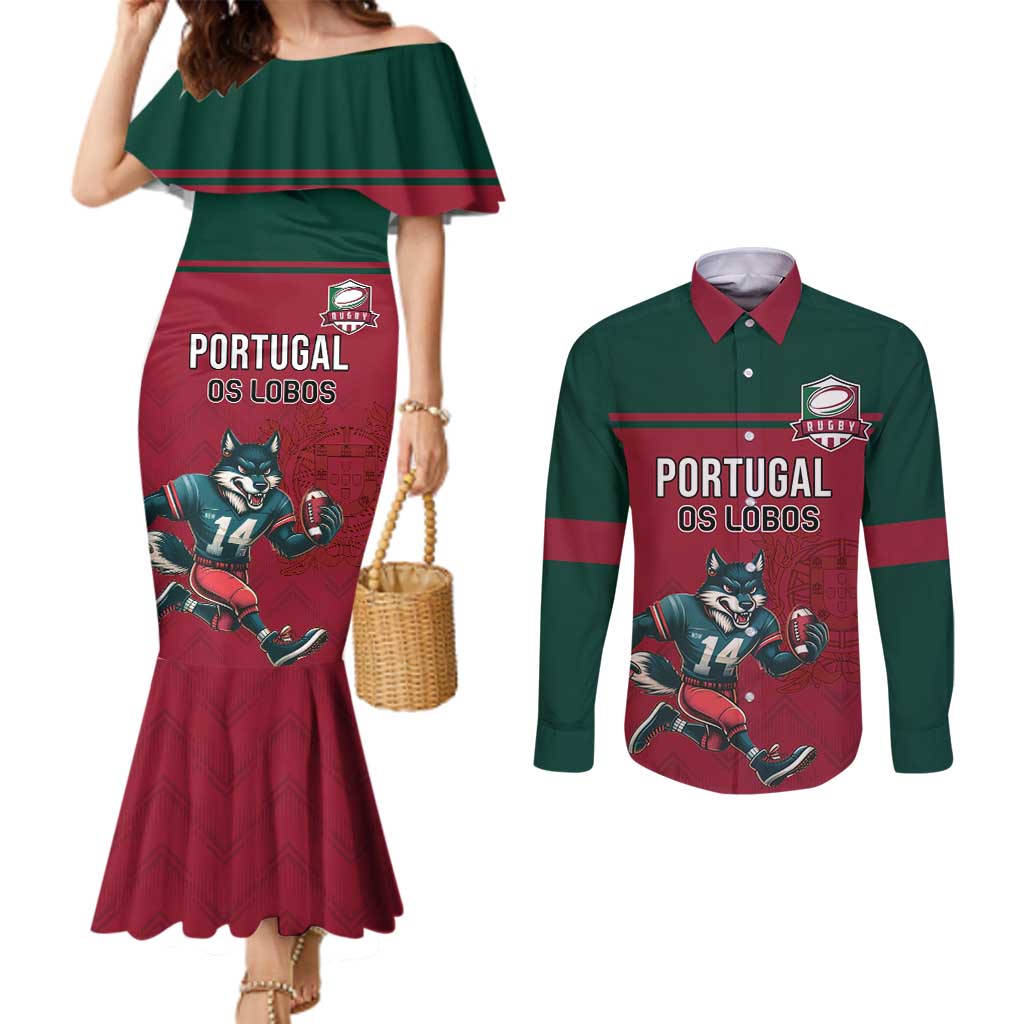 Custom Portugal Rugby Couples Matching Mermaid Dress and Long Sleeve Button Shirt Go Os Lobos Wolves Mascot