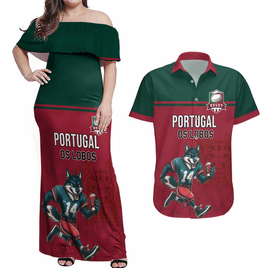 Custom Portugal Rugby Couples Matching Off Shoulder Maxi Dress and Hawaiian Shirt Go Os Lobos Wolves Mascot