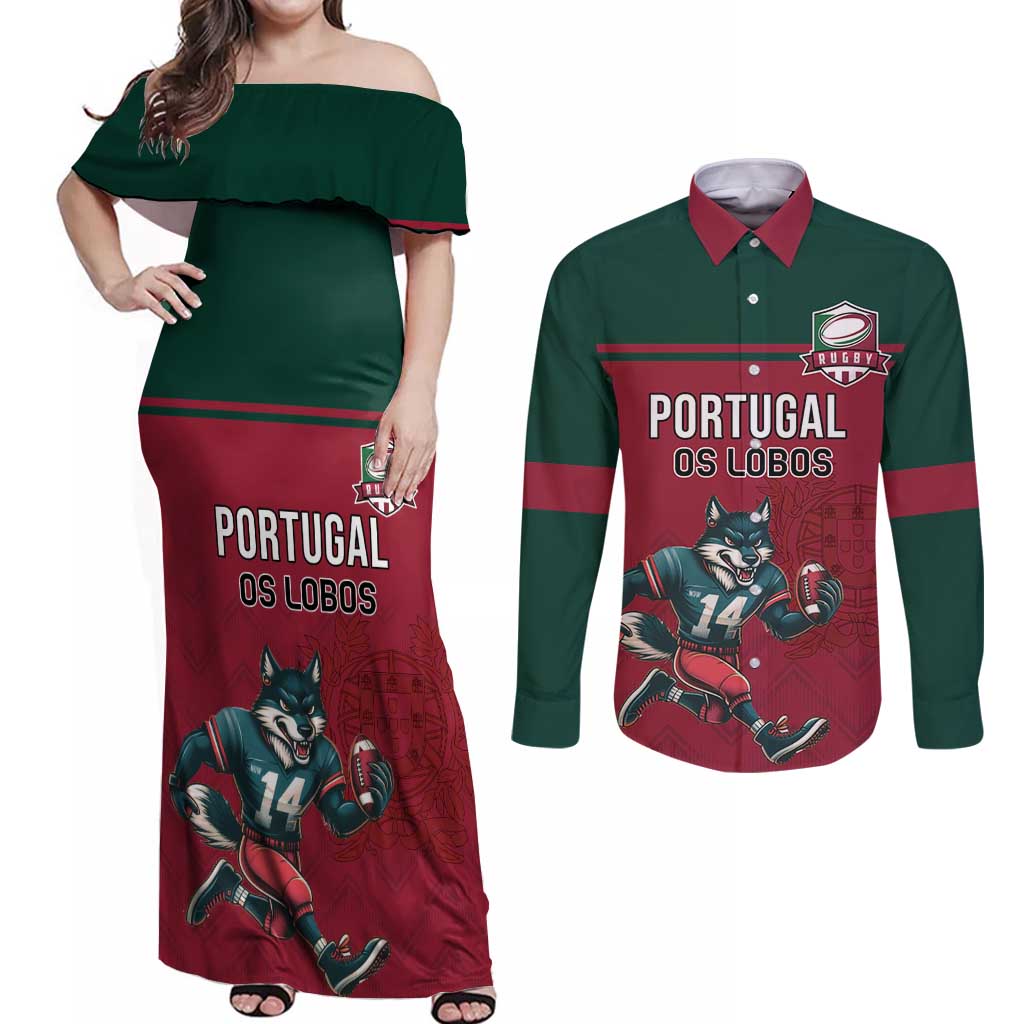 Custom Portugal Rugby Couples Matching Off Shoulder Maxi Dress and Long Sleeve Button Shirt Go Os Lobos Wolves Mascot