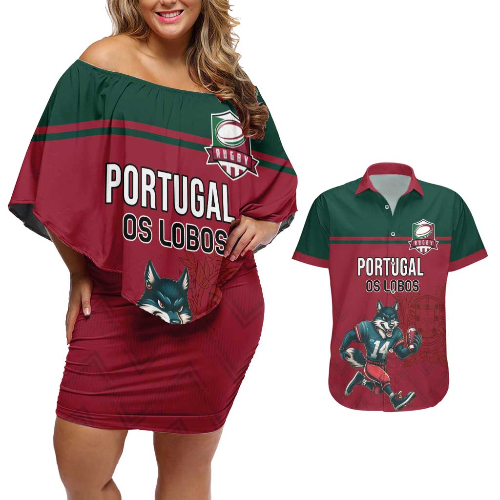 Custom Portugal Rugby Couples Matching Off Shoulder Short Dress and Hawaiian Shirt Go Os Lobos Wolves Mascot