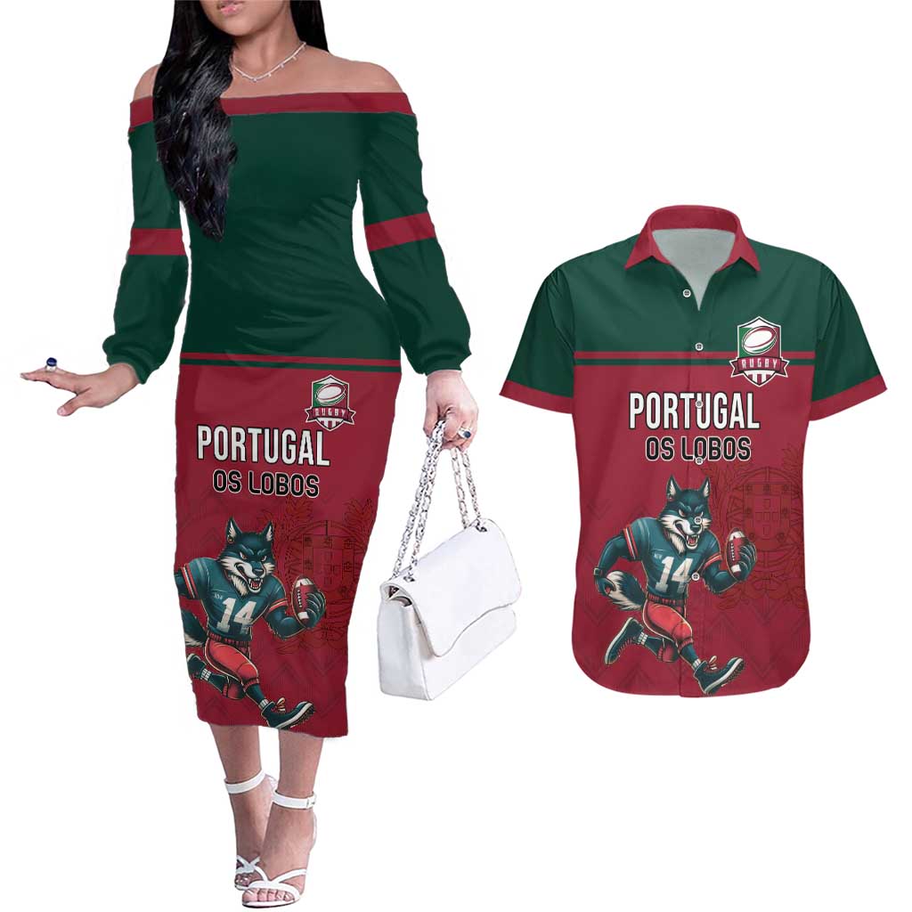 Custom Portugal Rugby Couples Matching Off The Shoulder Long Sleeve Dress and Hawaiian Shirt Go Os Lobos Wolves Mascot