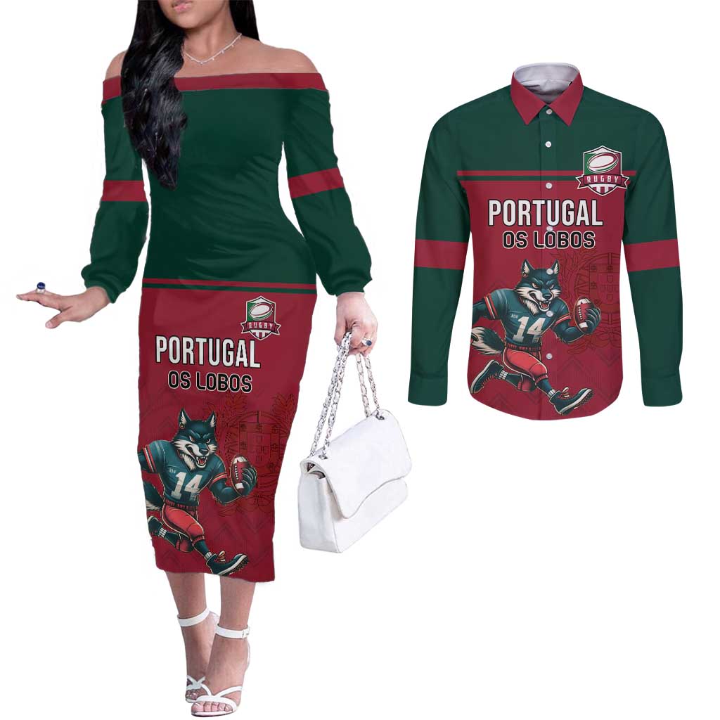 Custom Portugal Rugby Couples Matching Off The Shoulder Long Sleeve Dress and Long Sleeve Button Shirt Go Os Lobos Wolves Mascot