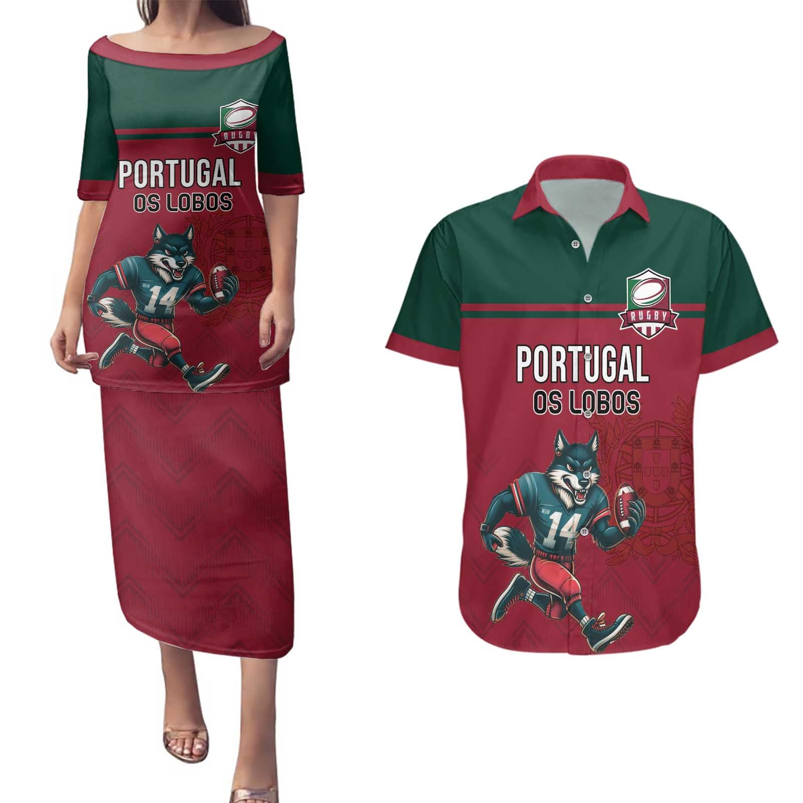 Custom Portugal Rugby Couples Matching Puletasi and Hawaiian Shirt Go Os Lobos Wolves Mascot