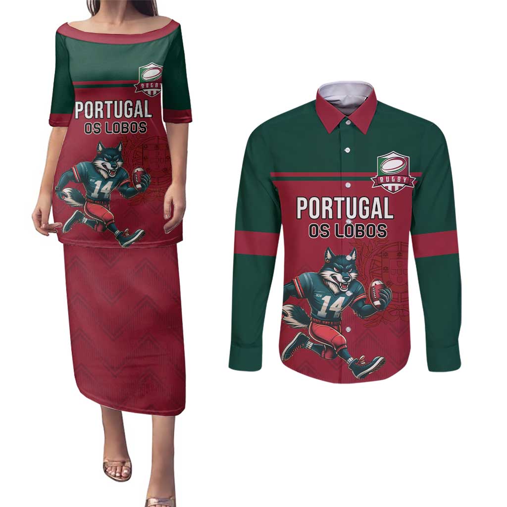 Custom Portugal Rugby Couples Matching Puletasi and Long Sleeve Button Shirt Go Os Lobos Wolves Mascot