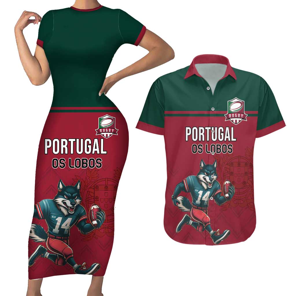 Custom Portugal Rugby Couples Matching Short Sleeve Bodycon Dress and Hawaiian Shirt Go Os Lobos Wolves Mascot