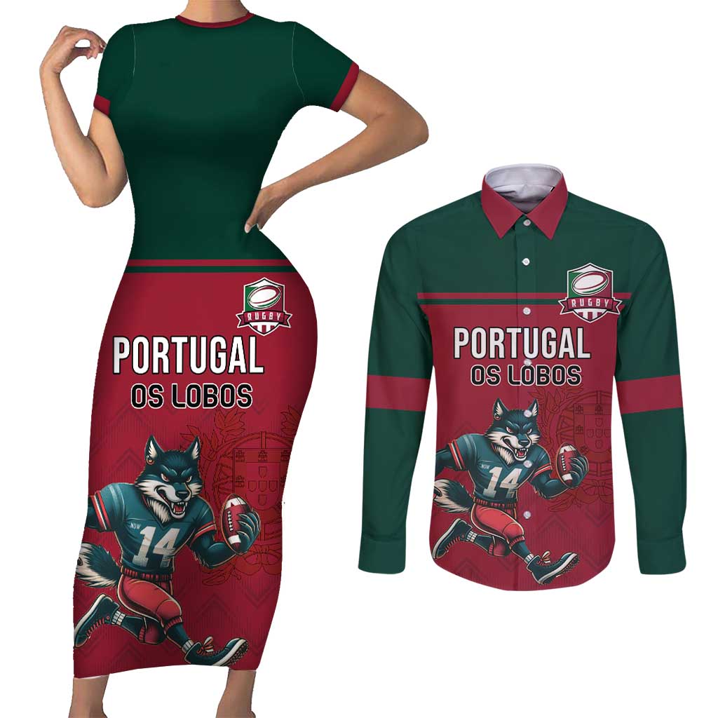 Custom Portugal Rugby Couples Matching Short Sleeve Bodycon Dress and Long Sleeve Button Shirt Go Os Lobos Wolves Mascot