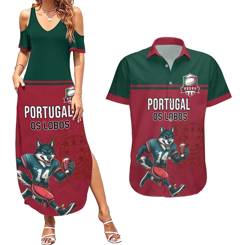 Custom Portugal Rugby Couples Matching Summer Maxi Dress and Hawaiian Shirt Go Os Lobos Wolves Mascot