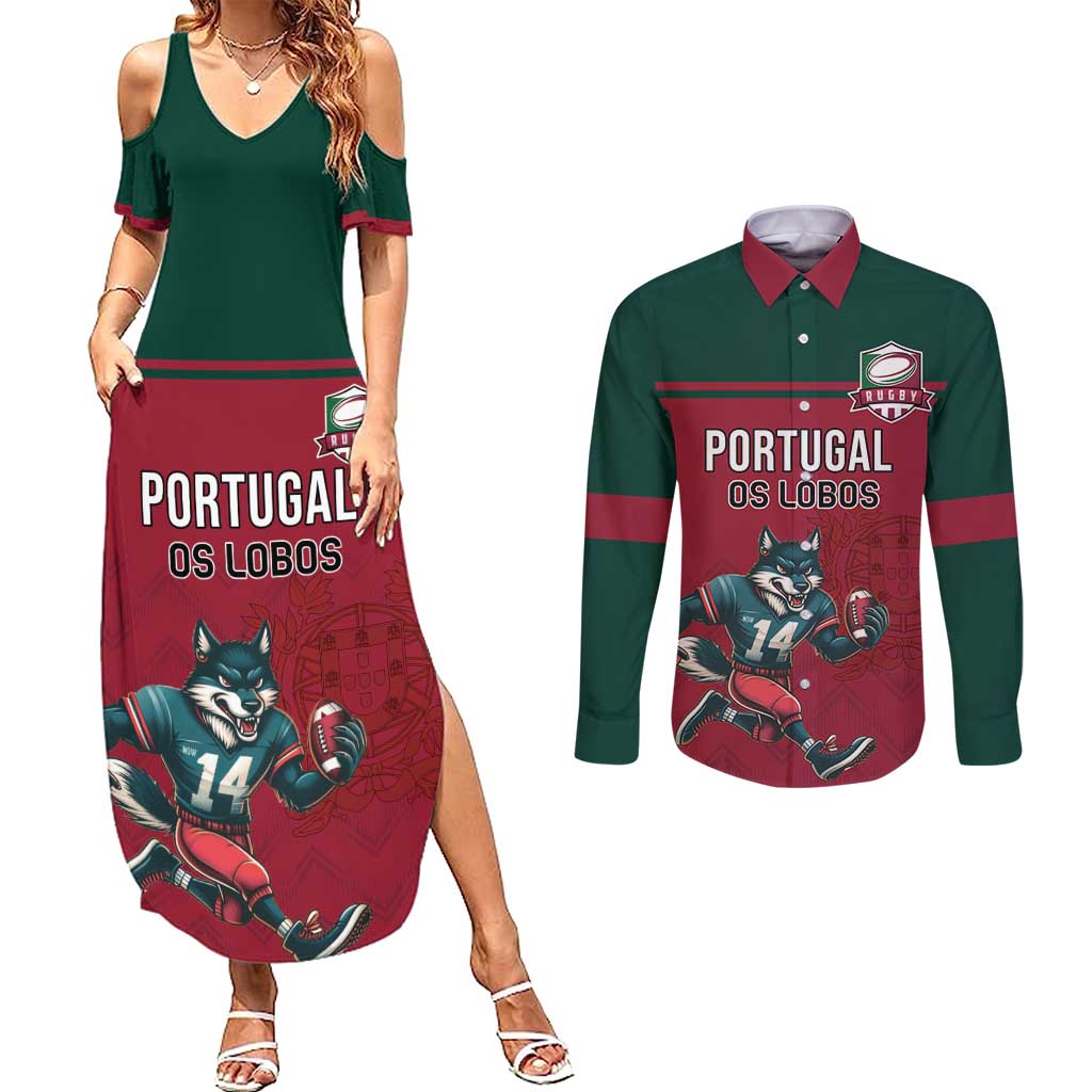 Custom Portugal Rugby Couples Matching Summer Maxi Dress and Long Sleeve Button Shirt Go Os Lobos Wolves Mascot