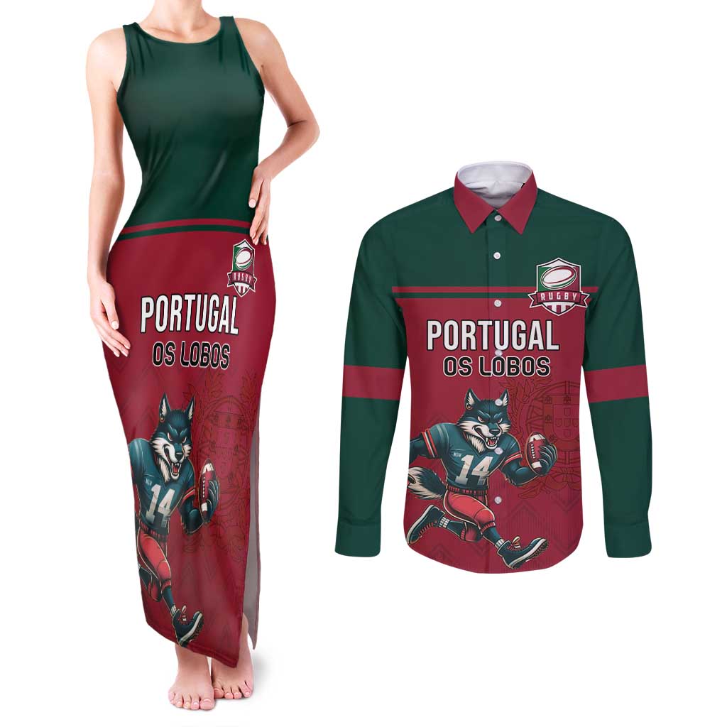 Custom Portugal Rugby Couples Matching Tank Maxi Dress and Long Sleeve Button Shirt Go Os Lobos Wolves Mascot