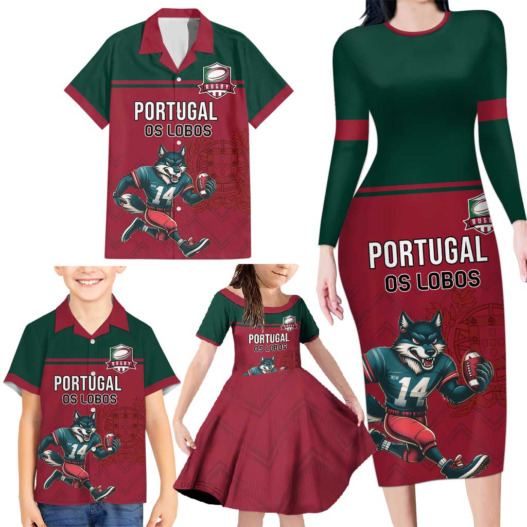 Custom Portugal Rugby Family Matching Long Sleeve Bodycon Dress and Hawaiian Shirt Go Os Lobos Wolves Mascot