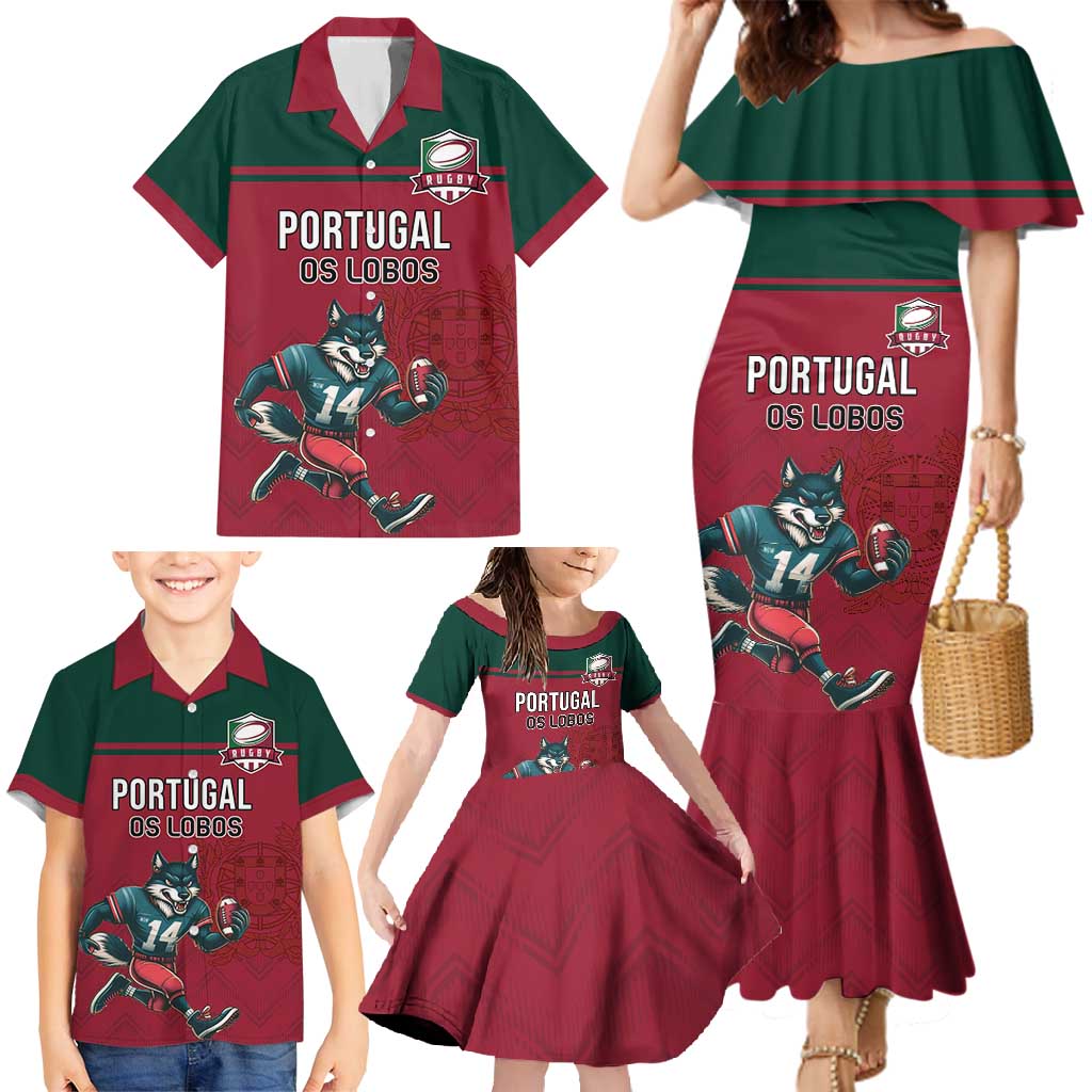 Custom Portugal Rugby Family Matching Mermaid Dress and Hawaiian Shirt Go Os Lobos Wolves Mascot