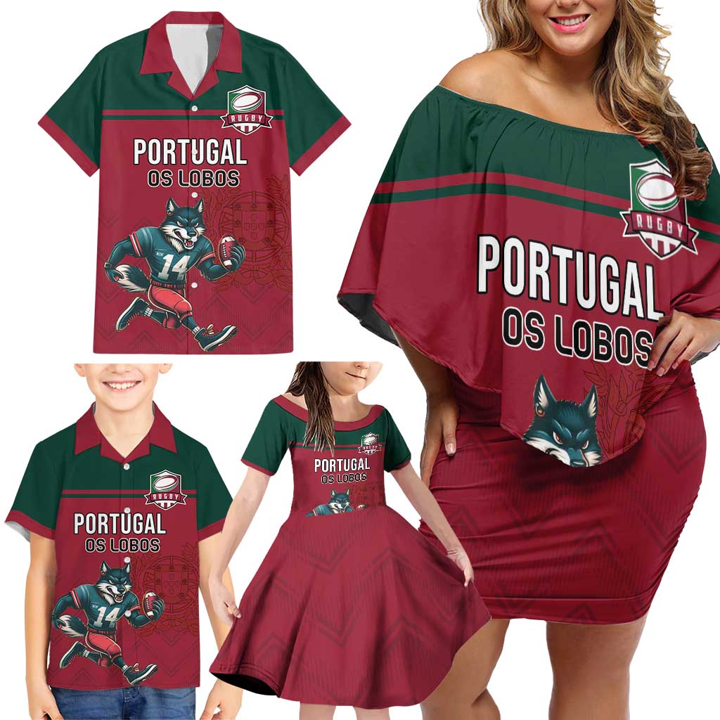 Custom Portugal Rugby Family Matching Off Shoulder Short Dress and Hawaiian Shirt Go Os Lobos Wolves Mascot