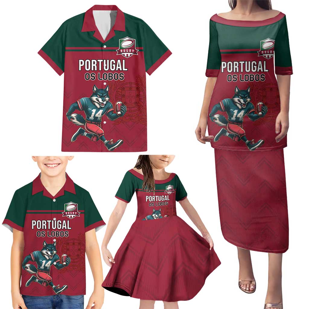 Custom Portugal Rugby Family Matching Puletasi and Hawaiian Shirt Go Os Lobos Wolves Mascot