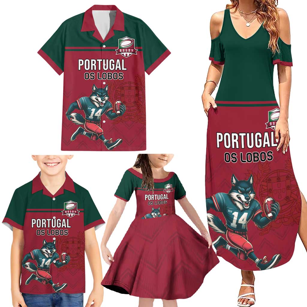 Custom Portugal Rugby Family Matching Summer Maxi Dress and Hawaiian Shirt Go Os Lobos Wolves Mascot