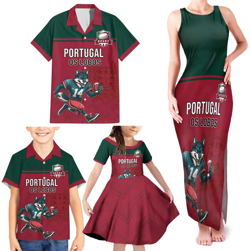 Custom Portugal Rugby Family Matching Tank Maxi Dress and Hawaiian Shirt Go Os Lobos Wolves Mascot