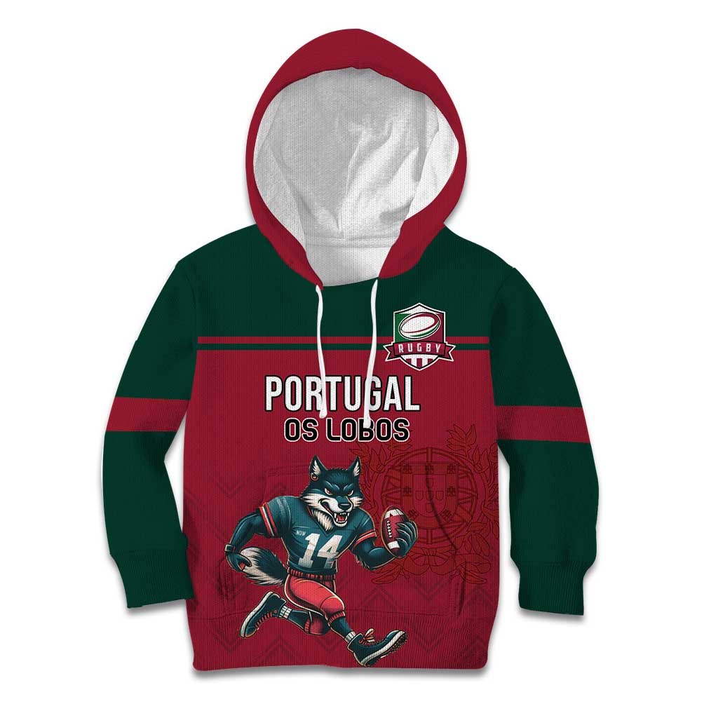 Custom Portugal Rugby Kid Hoodie Go Os Lobos Wolves Mascot