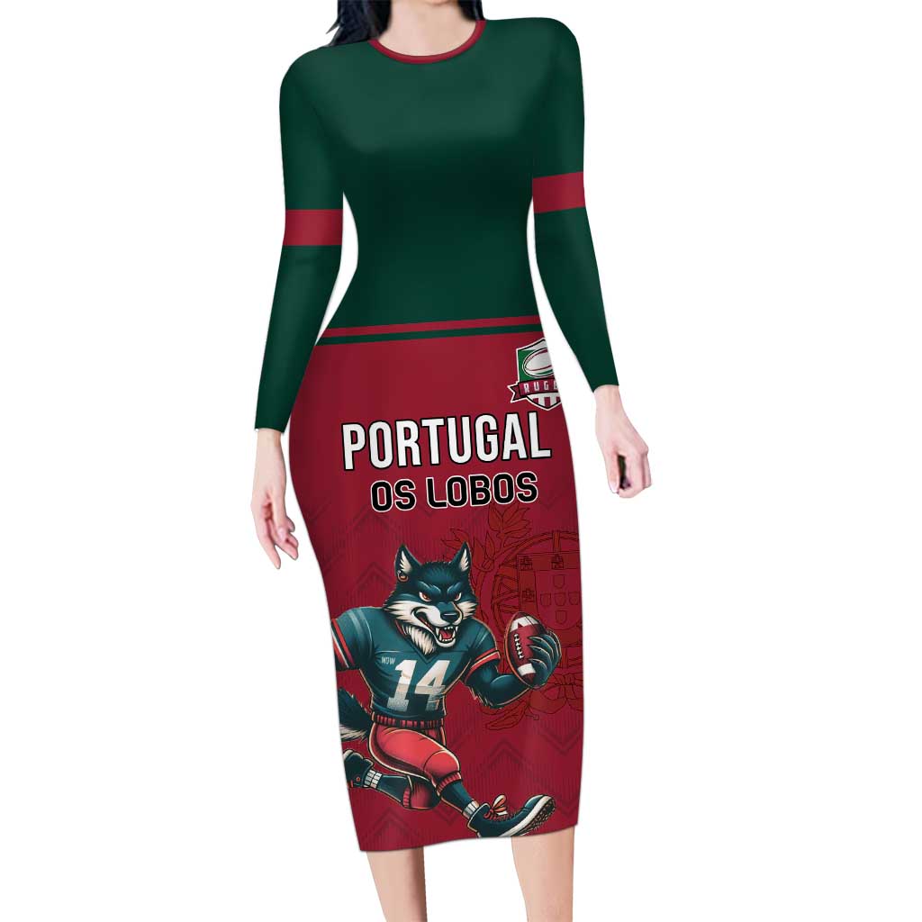 Custom Portugal Rugby Long Sleeve Bodycon Dress Go Os Lobos Wolves Mascot