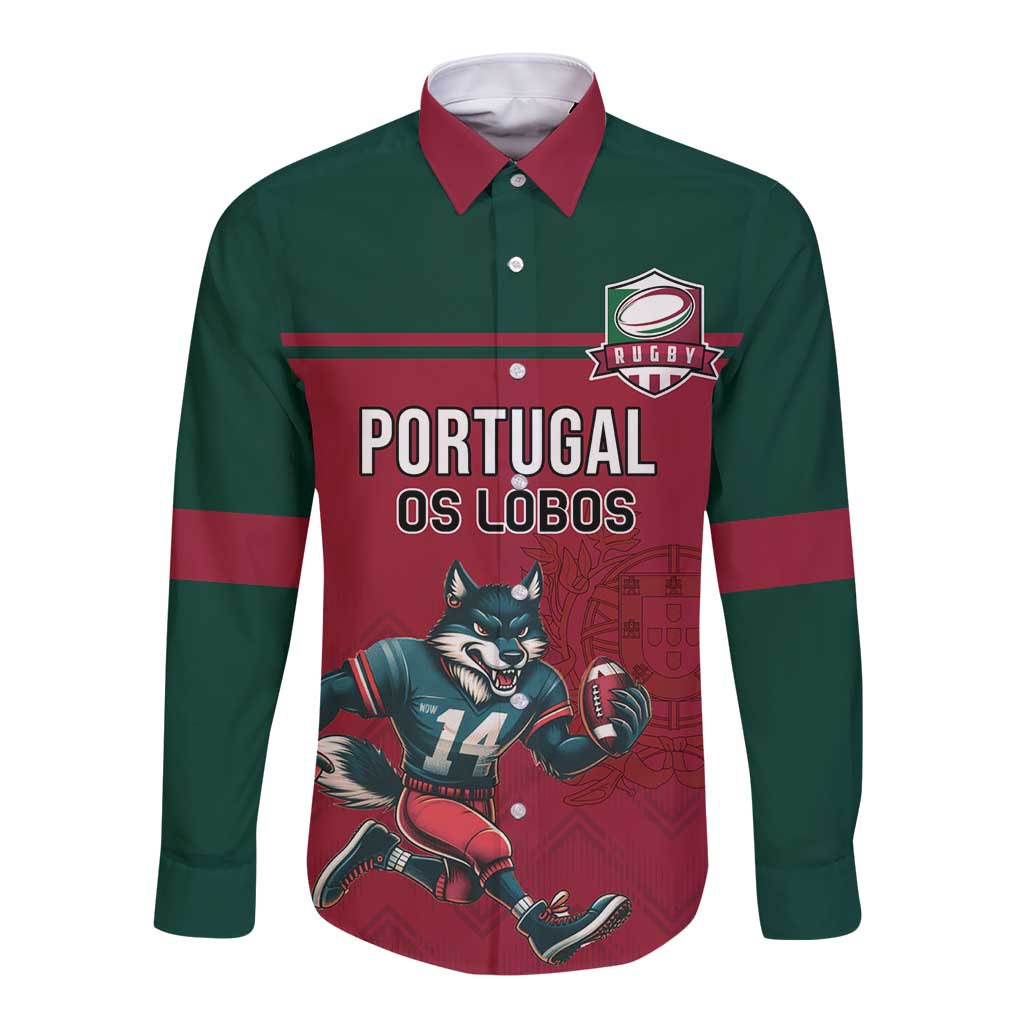 Custom Portugal Rugby Long Sleeve Button Shirt Go Os Lobos Wolves Mascot