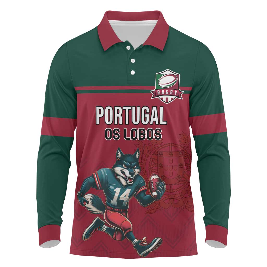 Custom Portugal Rugby Long Sleeve Polo Shirt Go Os Lobos Wolves Mascot