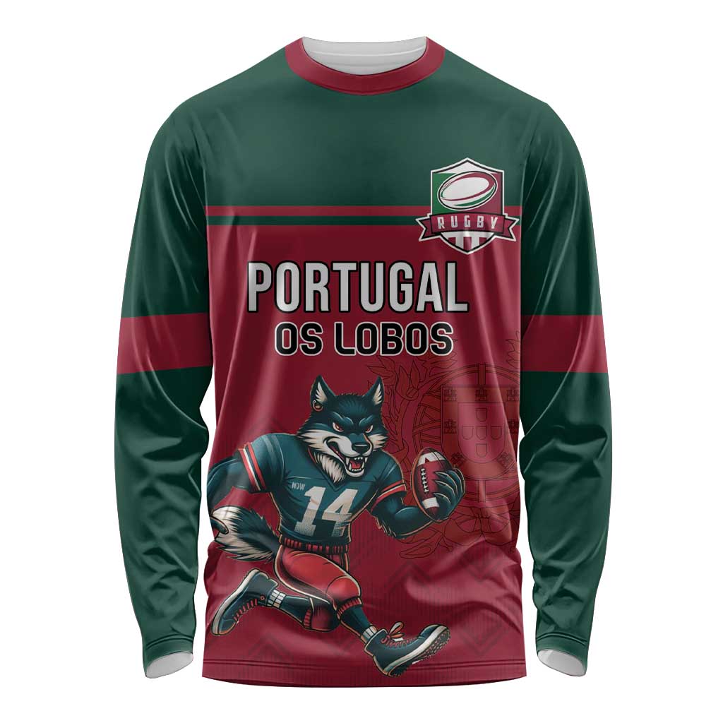 Custom Portugal Rugby Long Sleeve Shirt Go Os Lobos Wolves Mascot