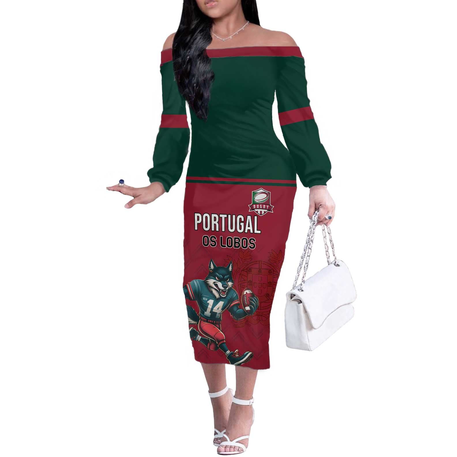 Custom Portugal Rugby Off The Shoulder Long Sleeve Dress Go Os Lobos Wolves Mascot