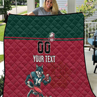 Custom rugby quilt with dark green top, red center, stripe, wolf mascot, "YOUR TEXT"