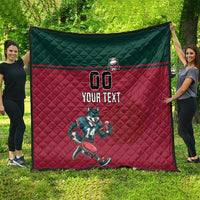 Rugby quilt with dark green edge, red quilted body, team stripe, wolf mascot and "YOUR TEXT"