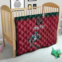 Kids rugby quilt on a crib: dark green top, red quilted center, wolf mascot, "YOUR TEXT"