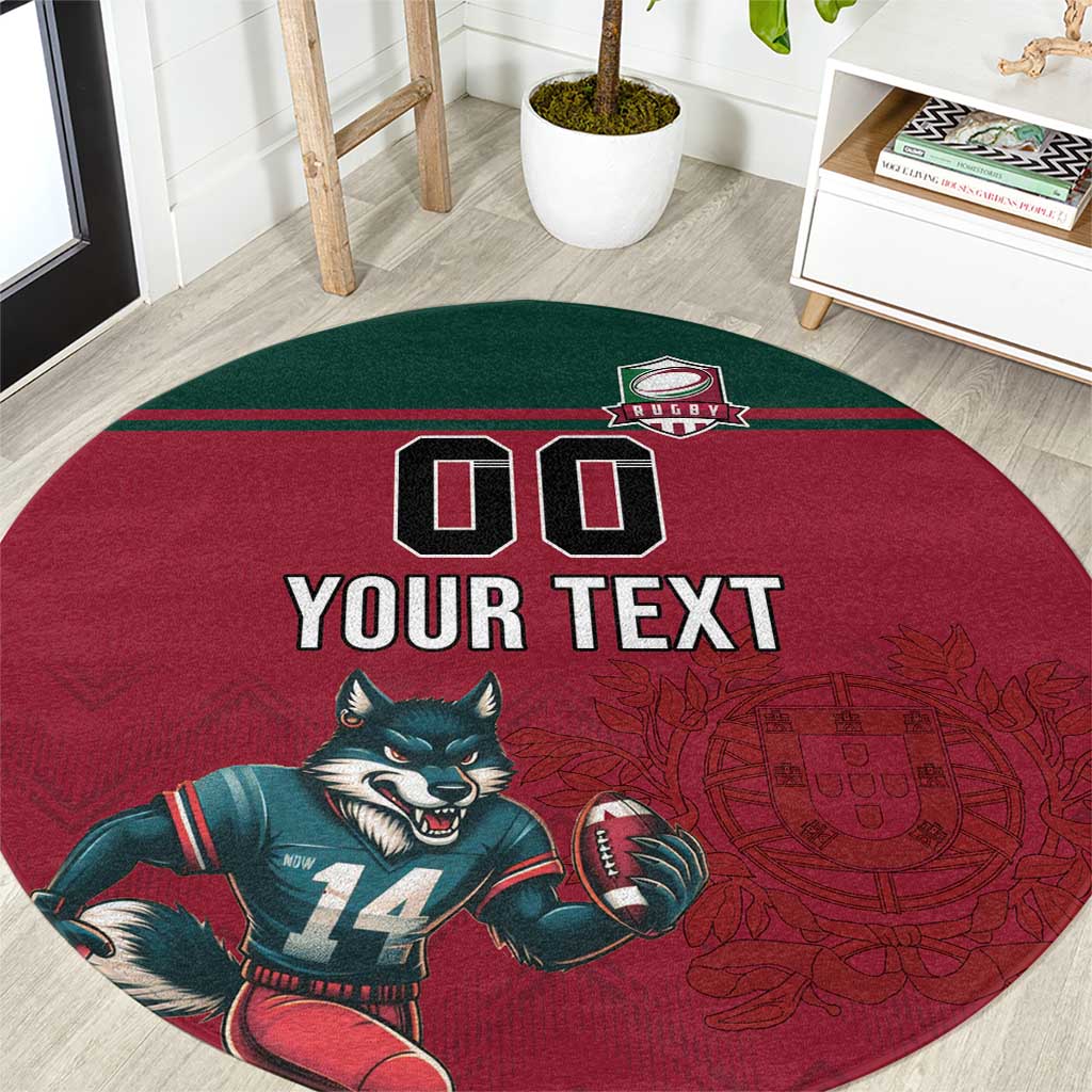 Custom Portugal Rugby Round Carpet Go Os Lobos Wolves Mascot