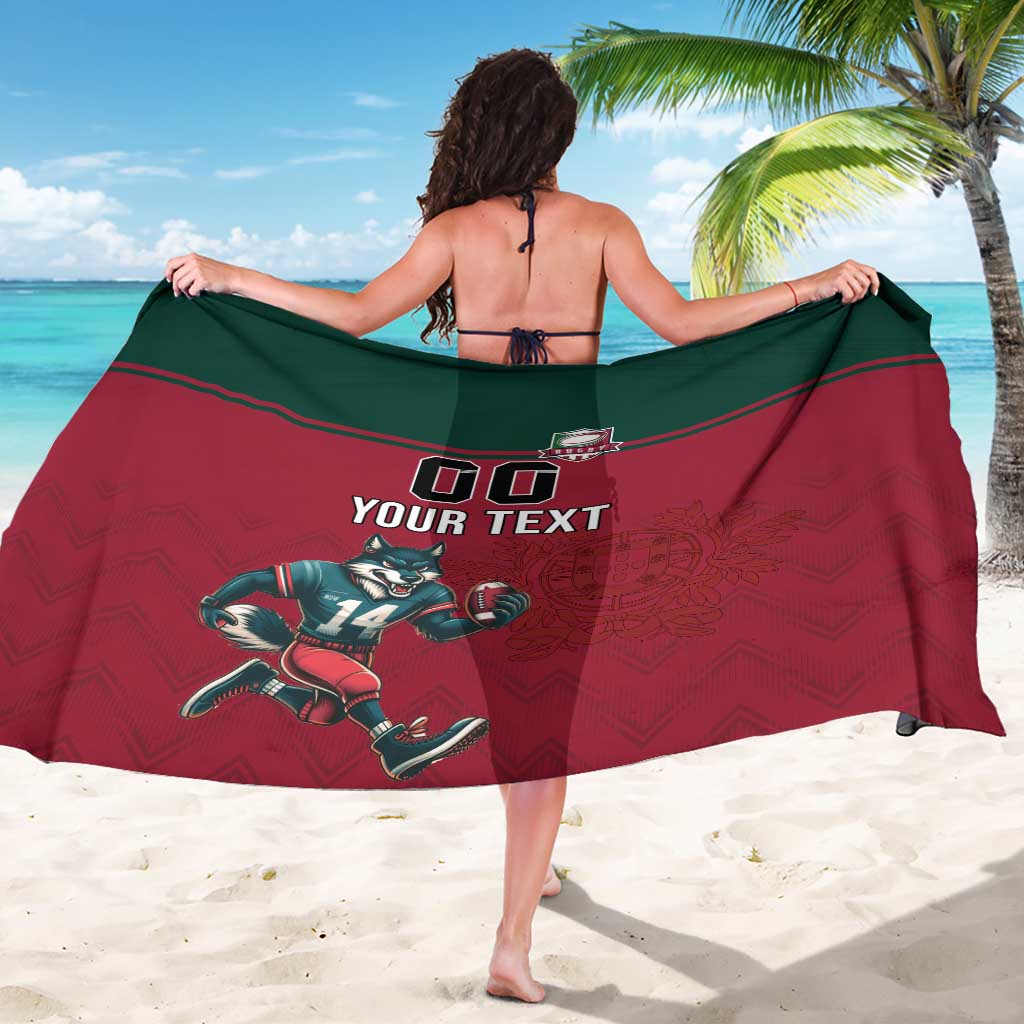 Red and green rugby-themed sarong with back wolf mascot and 'YOUR TEXT' print