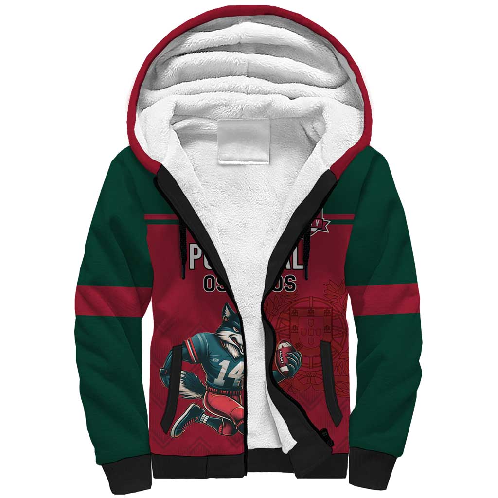 Custom Portugal Rugby Sherpa Hoodie Go Os Lobos Wolves Mascot