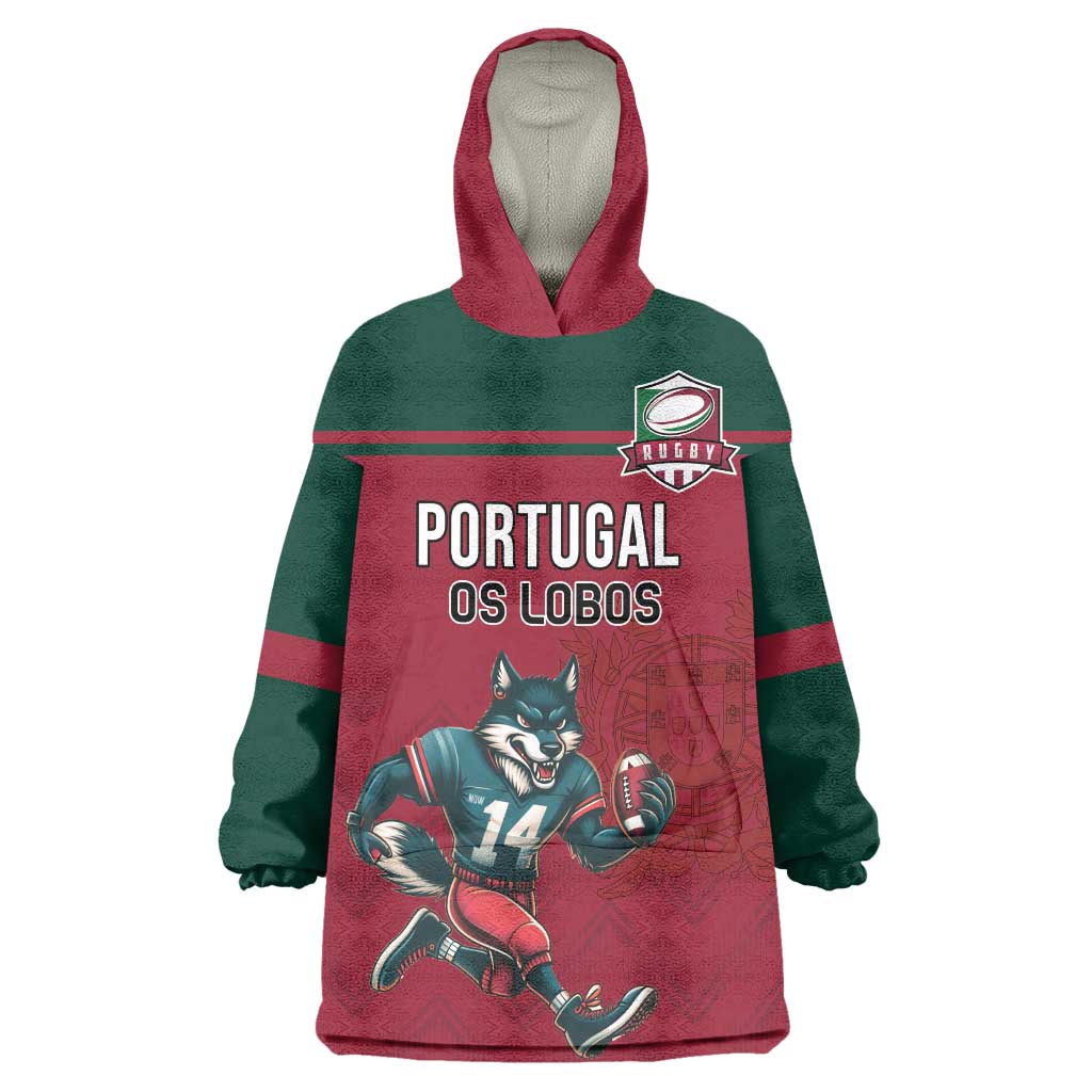 Custom Portugal Rugby Wearable Blanket Hoodie Go Os Lobos Wolves Mascot - Wonder Print Shop