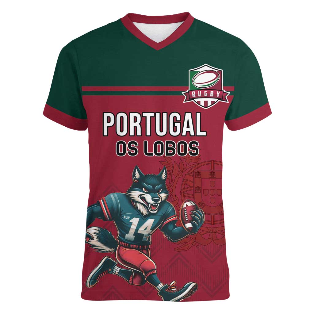 Custom Portugal Rugby Women V-Neck T-Shirt Go Os Lobos Wolves Mascot - Wonder Print Shop