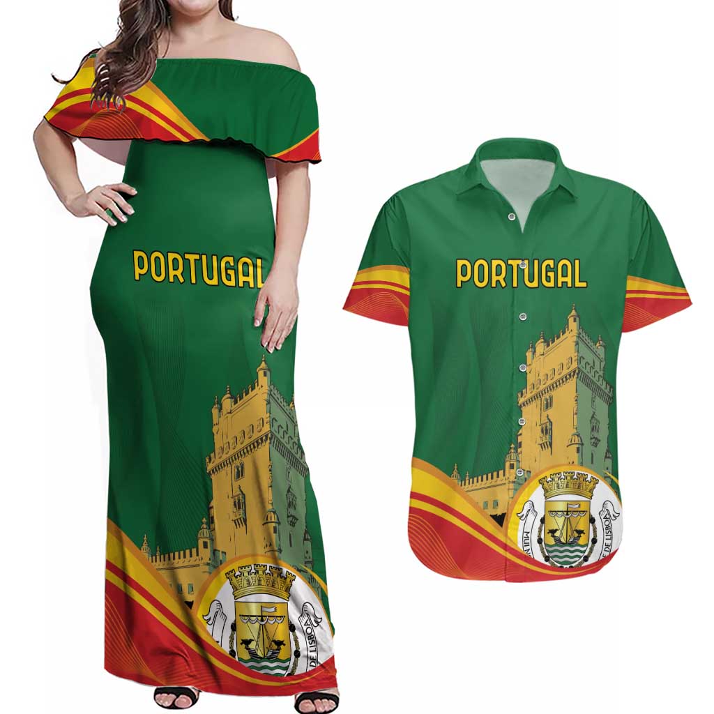 Personalized Portugal Belem Tower Couples Matching Off Shoulder Maxi Dress and Hawaiian Shirt Mui Nobre e Sempre Leal