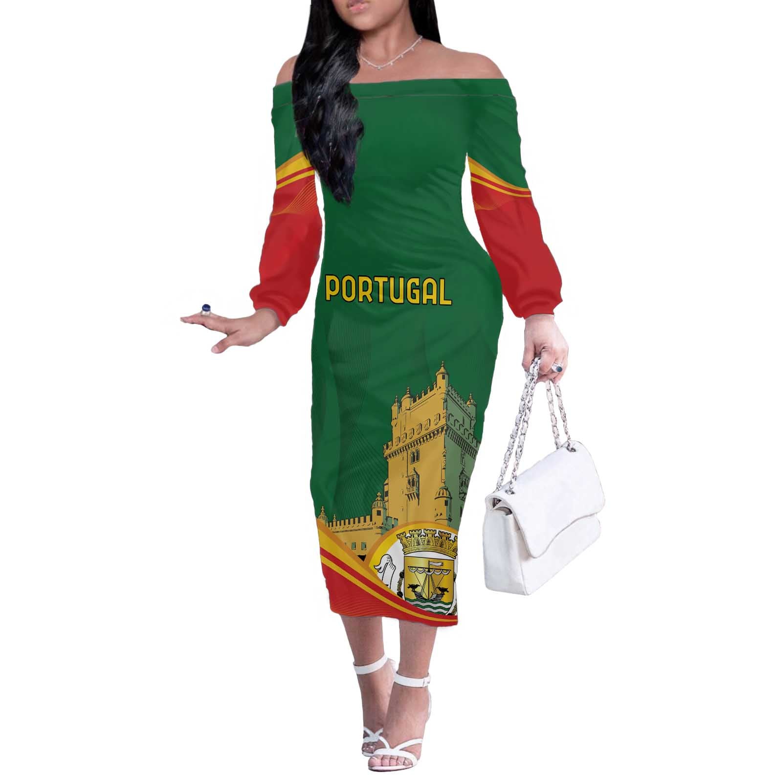 Personalized Portugal Belem Tower Off The Shoulder Long Sleeve Dress Mui Nobre e Sempre Leal