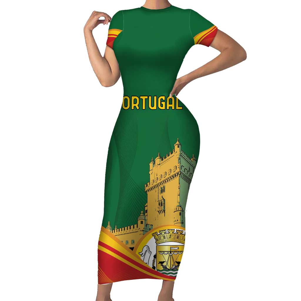 Personalized Portugal Belem Tower Short Sleeve Bodycon Dress Mui Nobre e Sempre Leal