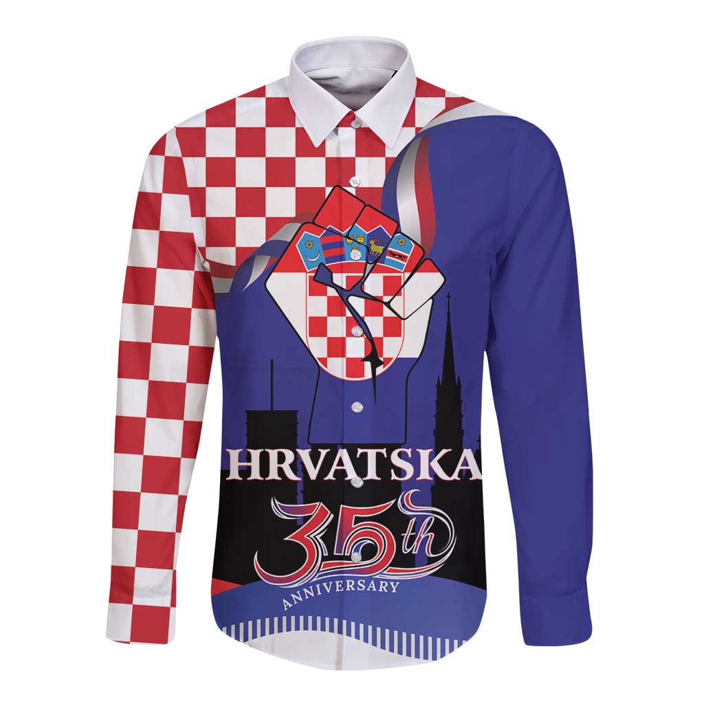 Long-sleeve button shirt, blue and red/white checkerboard, front Hrvatska 35th graphic