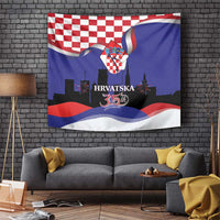 Blue Croatia flag-style tapestry with crest, checkerboard top, and 35th anniversary text