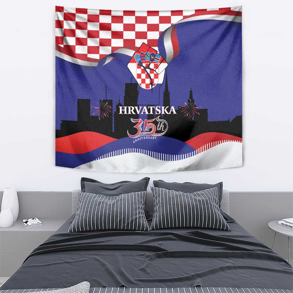 Blue flag tapestry with checkerboard, crest, HRVATSKA, and 35th anniversary text