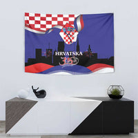Croatia independence tapestry with red-white checkerboard, blue field, coat of arms, 35th mark
