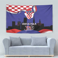 Blue Croatia tapestry with coat of arms, HRVATSKA lettering, and 35th anniversary emblem