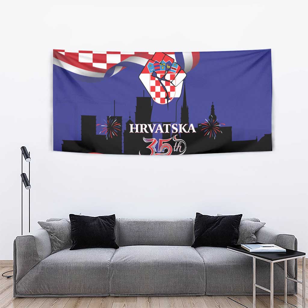 Croatia flag tapestry with checkerboard corner, coat of arms, and 35th anniversary graphic