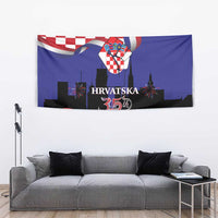 Croatia flag tapestry with checkerboard corner, coat of arms, and 35th anniversary graphic