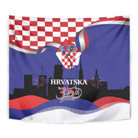 Front view Croatia flag tapestry in blue, red, and white with crest and 35th anniversary