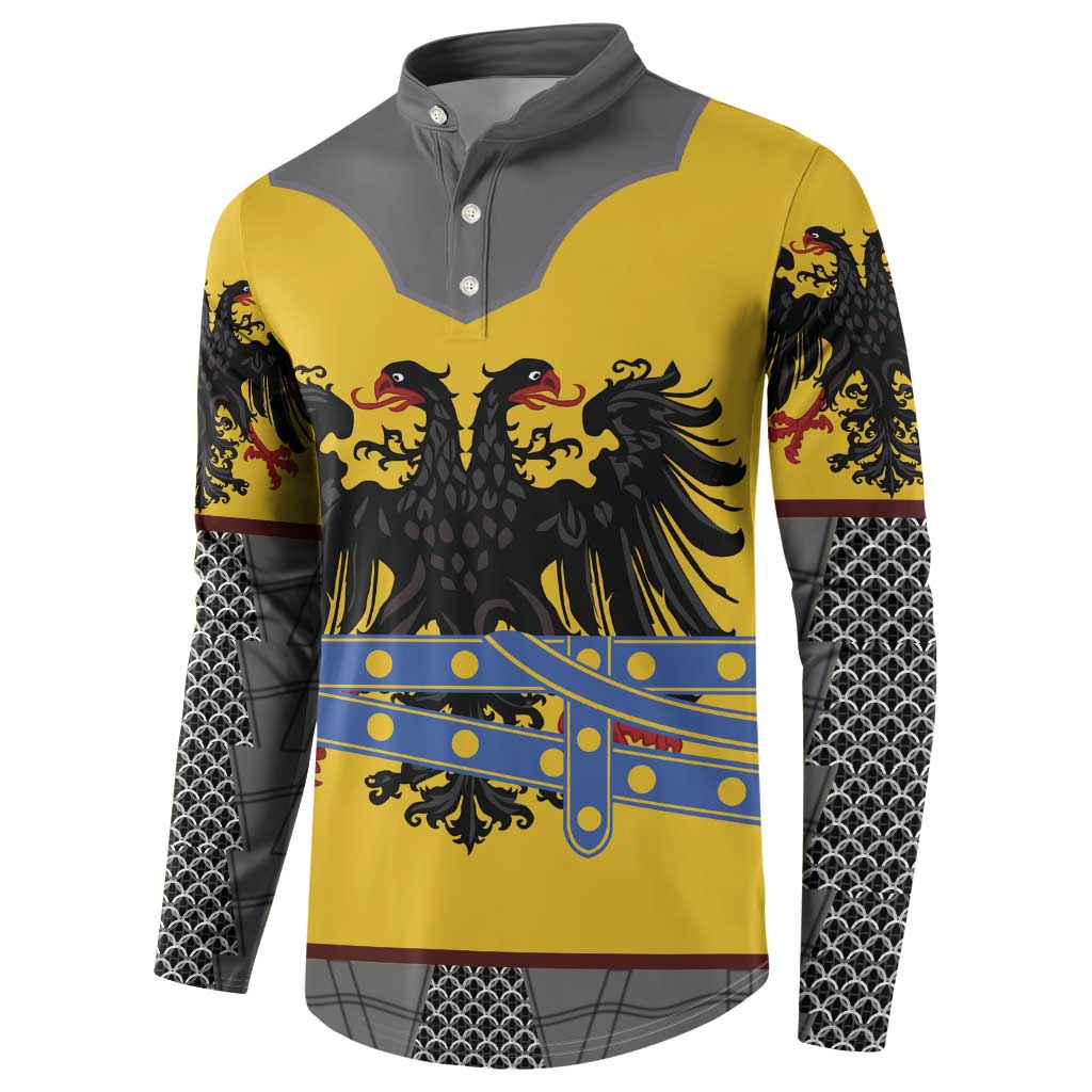 Button henley sweatshirt with yellow body, gray yoke, and black lion crest