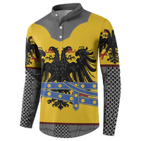 Button henley sweatshirt with yellow body, gray yoke, and black lion crest